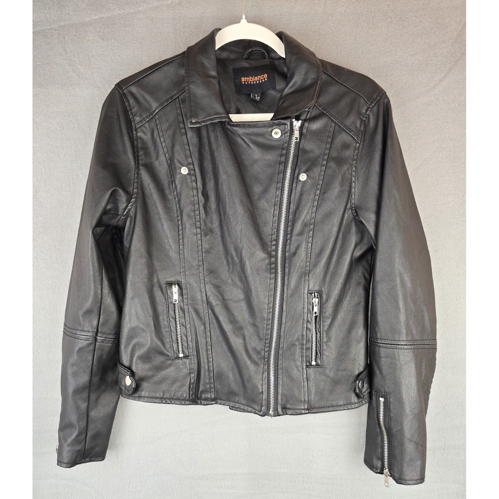 Ambiance‎ Outerwear Womens Black Faux Leather Moto Jacket Asymmetric Zip L